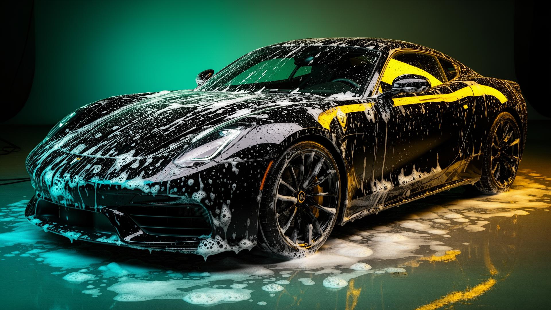 Glossy sports car covered in soap suds